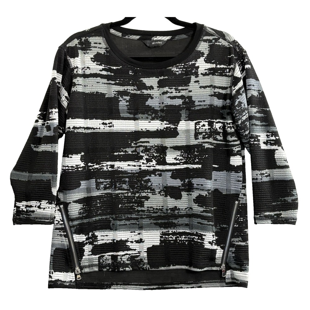 ALI MILES Women 3/4 Sleeve Zip Accents Abstract Pullover Top‎ Sz L Black 4-4